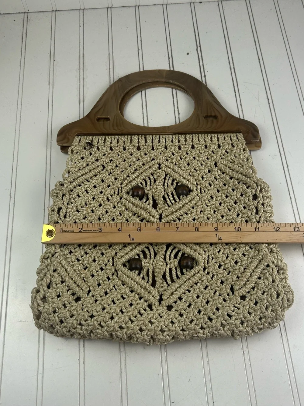 Vintage Y2K Vacation Boho Macrame Beige Woven Pattern Shoulder Bag Purse